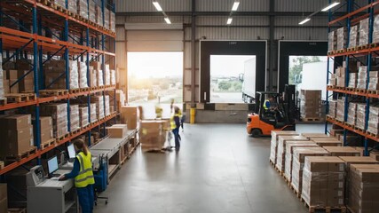 Warehouse Dispatch Operations - Time-lapse footage of warehouse workers preparing a large shipment for dispatch. Boxes are being moved by forklift and workers are preparing packages for transport.