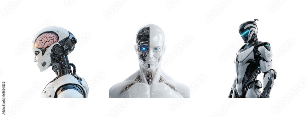 Aufkleber futuristic human-like robots with mechanical features and brain structures displayed