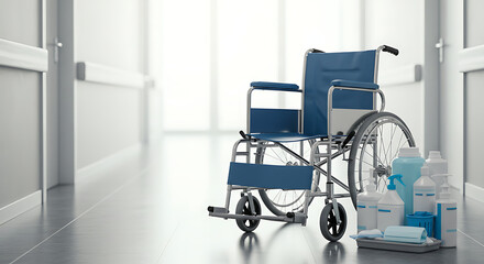 A blue wheelchair is parked in a brightly lit hospital corridor next to medical supplies.