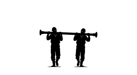 Two soldiers in silhouette carrying a large weapon, possibly a rocket launcher.