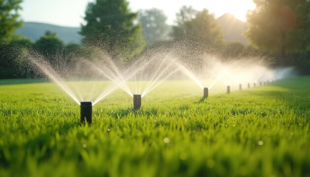 Automated sprinkler system waters rich green lawn with multiple units operating. Water sprays from nozzles in sequence, ensuring efficient irrigation for vibrant grass growth. Technology enhances