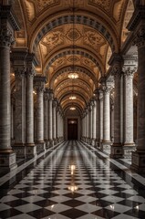 Luxurious Hallway Adorned with Cascading Red Petals and Ornate Architecture, Illuminating a Path of Grandeur and Timeless Romance.