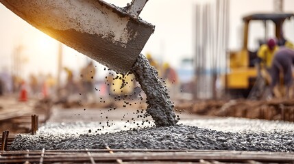 Pouring Concrete at a Construction Site with Reinforcement Mesh