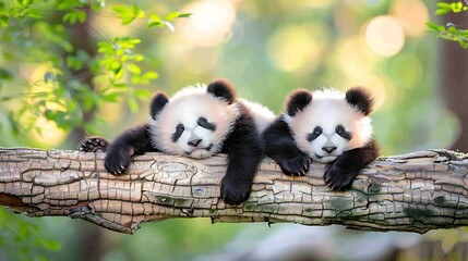 Obraz premium Two baby pandas sleeping on a tree branch in the forest