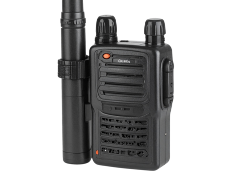 Walkie-Talkie with Clip and Side Buttons, Angled Side View, isolated on transparent background.