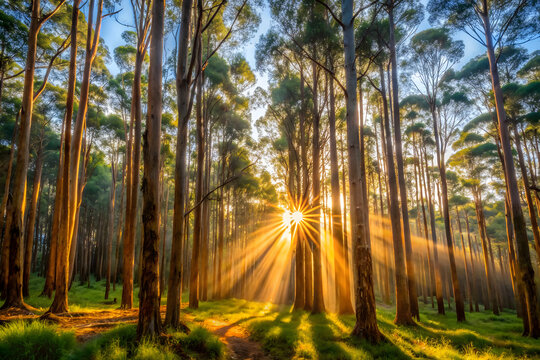 Golden hour tree light. Sunbeams stream through branches of eucalyptus forest in New South Wales, Australia - Powered by Adobe