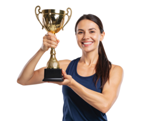 Athlete Holding Golden Trophy in Victory Pose, isolated on transparent background. 