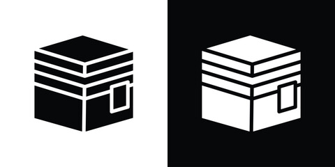 Kaaba Icon in Isometric View with Black and White Backgrounds