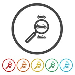  Car search icon sign. Set icons in color circle buttons