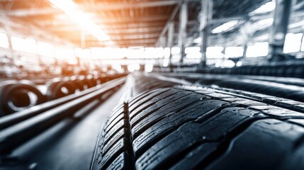 Close up of tire in industrial warehouse setting with soft lighting
