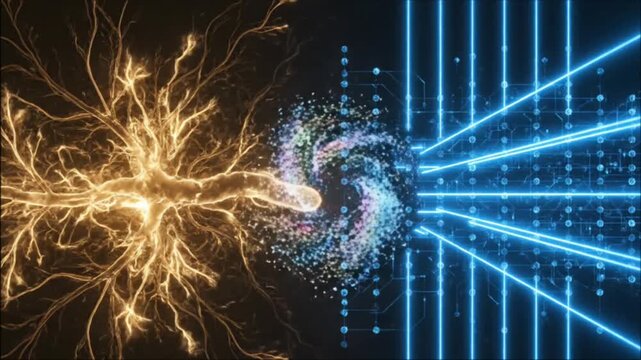 Split-screen comparison of a biological and a digital brain