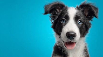 Fototapeta premium Adorable black and white Border Collie puppy portrait, isolated on bright blue background, happy family dog banner, 3D render with textured base