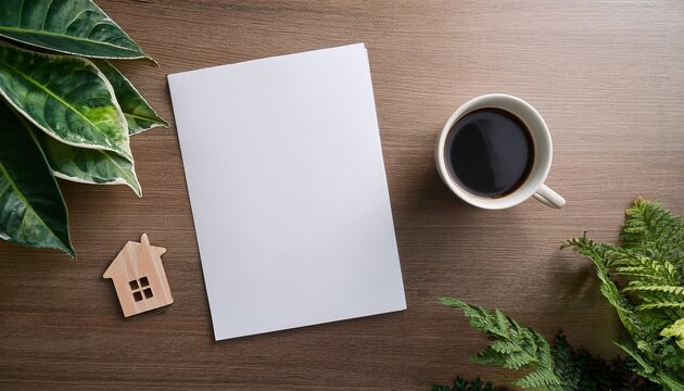 blank property listing flyer on desk with plant and coffee cup for real estate branding