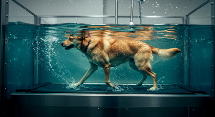 Dog Walking on Underwater Treadmill in Transparent Tank During Hydrotherapy Session with Splashing Water