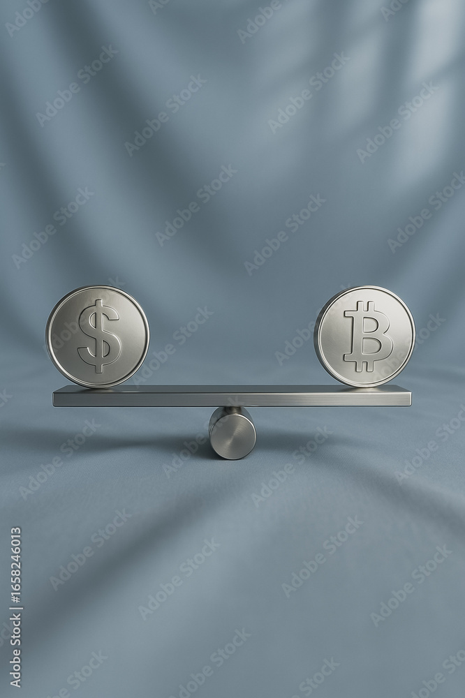 Poster balancing act: symbolic representation of the dynamic equilibrium between a bitcoin and a dollar, wi