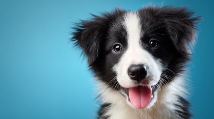 Funny Border Collie puppy portrait, fluffy fur and smiling face, blue background banner, concept of new family member pet, 3D render with a textured base