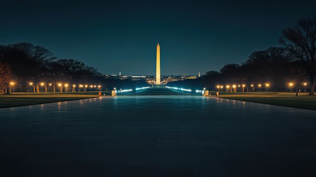 Washington monument at night with reflecting pool view - Powered by Adobe