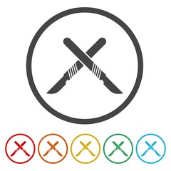 Scalpel knife symbol icon. Set icons in color circle buttons