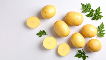 Whole and halved light brown potatoes with smooth surfaces and small spots, garnished with fresh green herbs