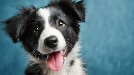 Fototapeta premium Studio shot of happy Border Collie puppy gazing at camera, tongue out playfully, blue background, family pet banner, 3D render with textured base