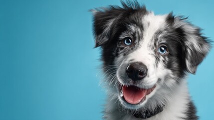 Fototapeta premium Sweet smiling Border Collie puppy isolated on bright blue backdrop, looking up for reward, pet care and animals advertising banner, 3D render with textured base