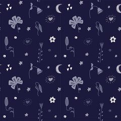 Whimsical seamless vector design with moon and flowers on dark background, dreamy boho wallpaper