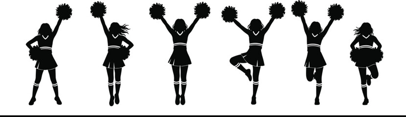 Cheerleader silhouette vector, pom pom dance pose, megaphone icon set, black and white graphic, sports spirit illustration, isolated design
