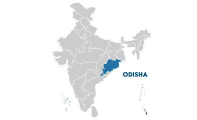 Odisha map highlighted with name, Indian states, suitable for education, business, presentations, print, web use, and creative geographic projects. Indian union territory.