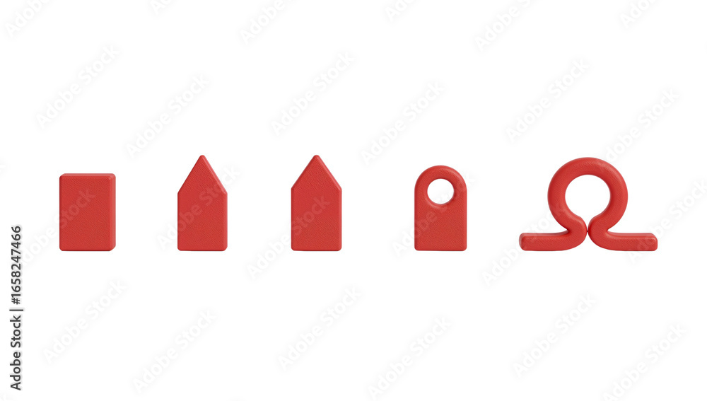 Poster array of geometric red shapes, isolated on a transparent backdrop showcasing minimalistic 3d