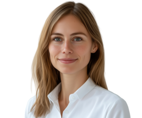 Portrait of a middle-aged businesswoman smiling and looking at the camera, three-quarter view. Isolated white background.