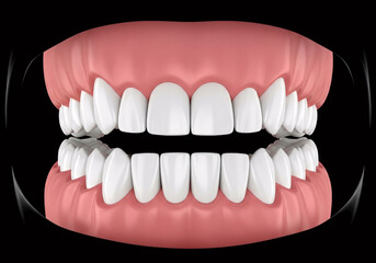Obraz premium Close up frontal view of a healthy human mouth showing perfectly aligned white teeth and pink gums against a black background