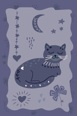 Dark blue cat with crescent moon and stars, mystical celestial vector illustration on purple background, boho poster design