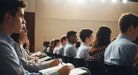 A diverse group of young students or professionals attentively listening and taking notes during a lecture or conference in an auditorium.