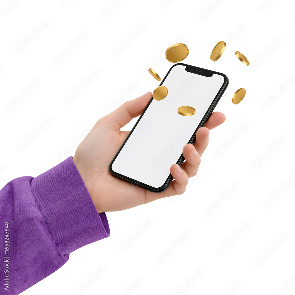 Poster hand holding phone with floating golden coins on isolated transparent backdrop creating a digital
