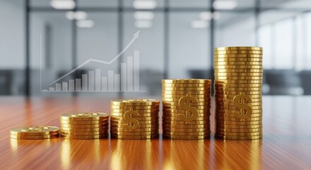 Visualizing Financial Growth: Stacked Coins and Rising Graph Depicting Success