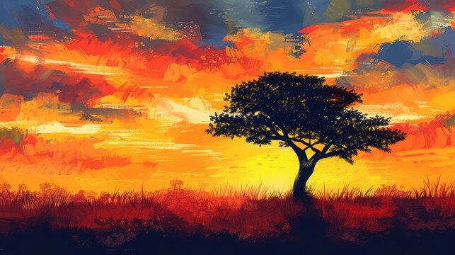 A solitary tree silhouetted against a vibrant sunset with colorful clouds and grassy foreground landscape