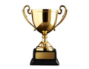 Modern Golden Trophy on Black Velvet Pedestal, Luxury Award Theme, isolated on transparent background.