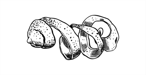 Whole spiral lemon peel vector illustration. Hand drawn outline citrus zest in twist shape line art. Monochrome aromatic fruit ingredient for beverage, bar menu, healthy food, cookbook design