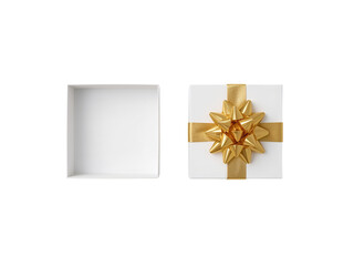 Elegant presentation of a white gift box with golden ribbon and open empty box on a transparent