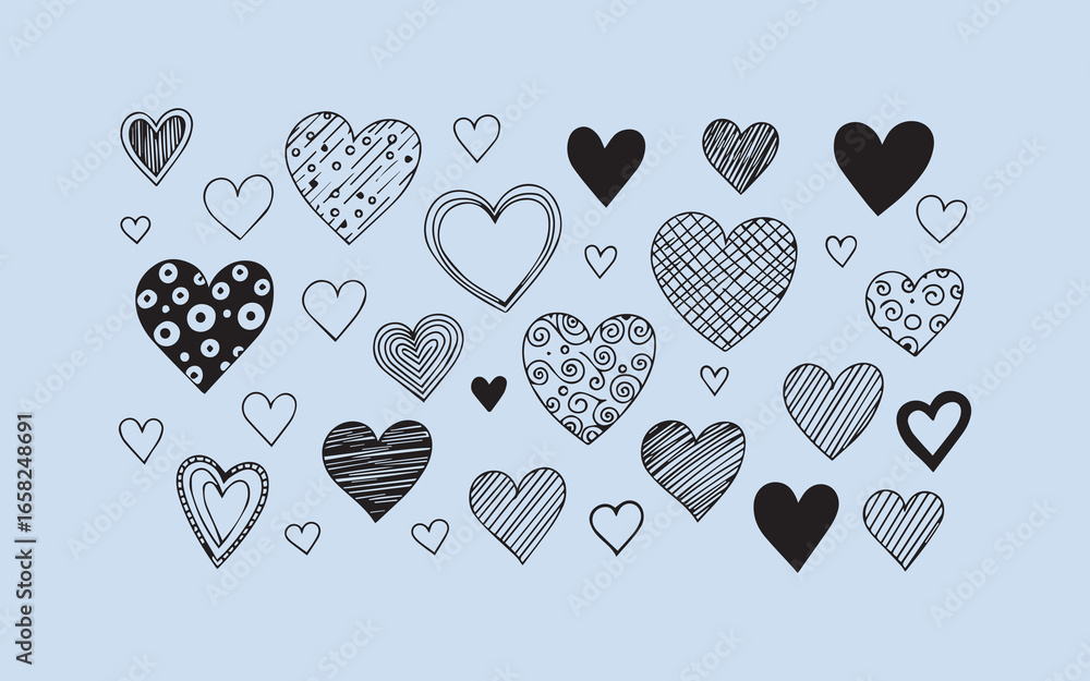Poster collection of hand drawn hearts with various patterns and textures