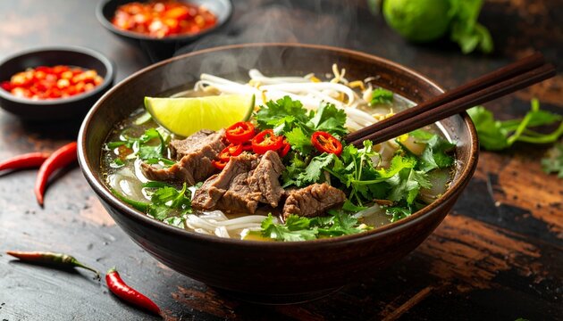 A bowl of Vietnamese Pho soup with beef, noodles, herbs, lime, and chili peppers, steaming and ready to eat.