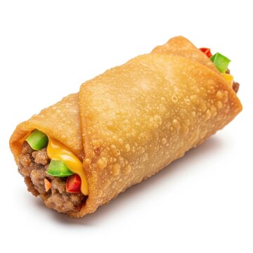 Crispy golden egg roll filled with seasoned ground beef and diced vegetables fried