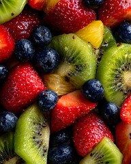 Obraz premium close-up of fruit salad with kiwi, strawberries, and blueberries