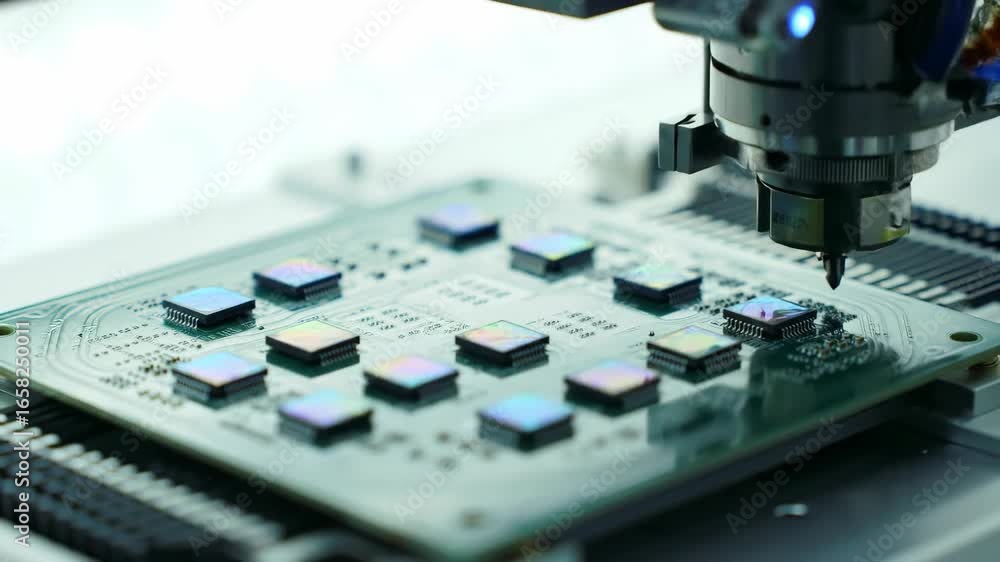 Poster automated assembly of microchips onto a circuit board.
