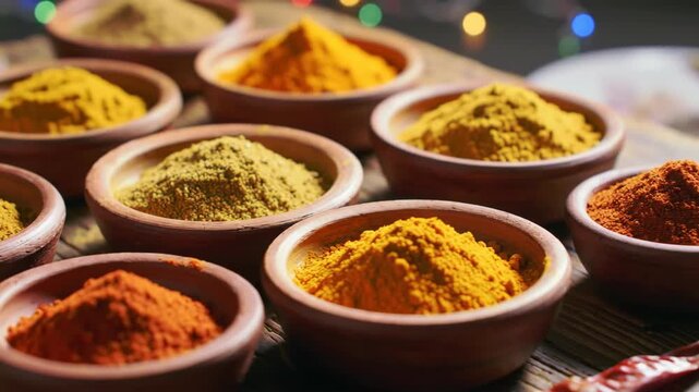 Variety of spices in bowls on a rustic wooden surface