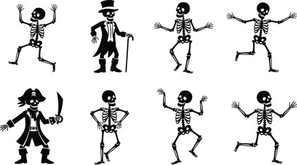 Skeleton illustration, costume skeleton, pirate skeleton, running skeleton, vector graphic, spooky pose, Halloween character, bone figure, undead icon, black silhouette