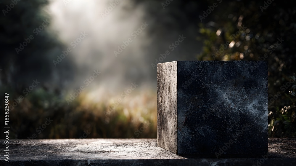 Poster a solitary stone podium stands in a tranquil natural setting long title a minimalist stone podium it