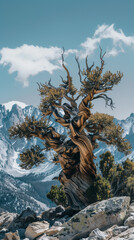 Ancient Twisted Tree in Mountain Landscape