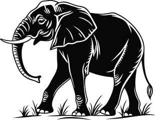 Majestic elephant standing side view silhouette on white background