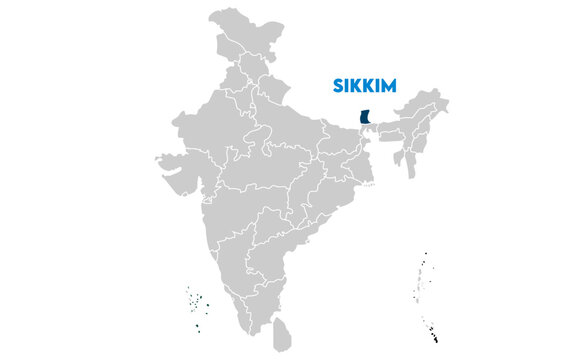 Sikkim map highlighted with name, Indian states, suitable for education, business, presentations, print, web use, and creative geographic projects. Indian union territory.